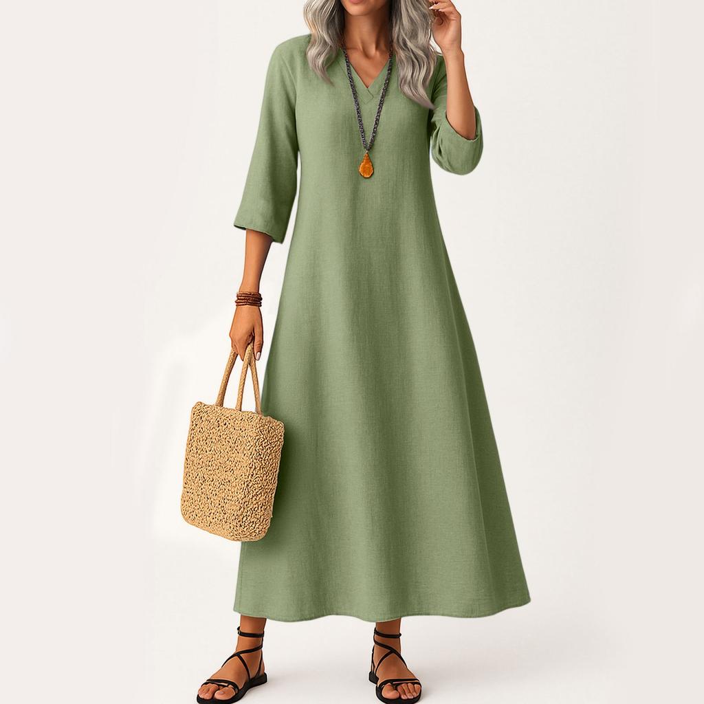 Dress For Women Long Boho Beach Dress Elegant Maxi Dress V-Neck 3/4 Sleeve Dress With Pockets