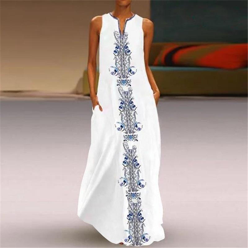

New popular women s retro print dress V-neck sleeveless pocket summer dress S белый