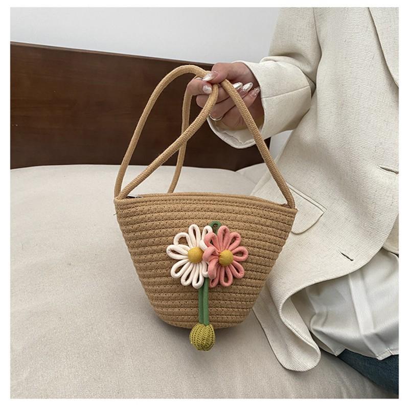 Cotton Rope Woven Bag Cute Flower Shoulder Ins Bucket Women's Beach Cross-body