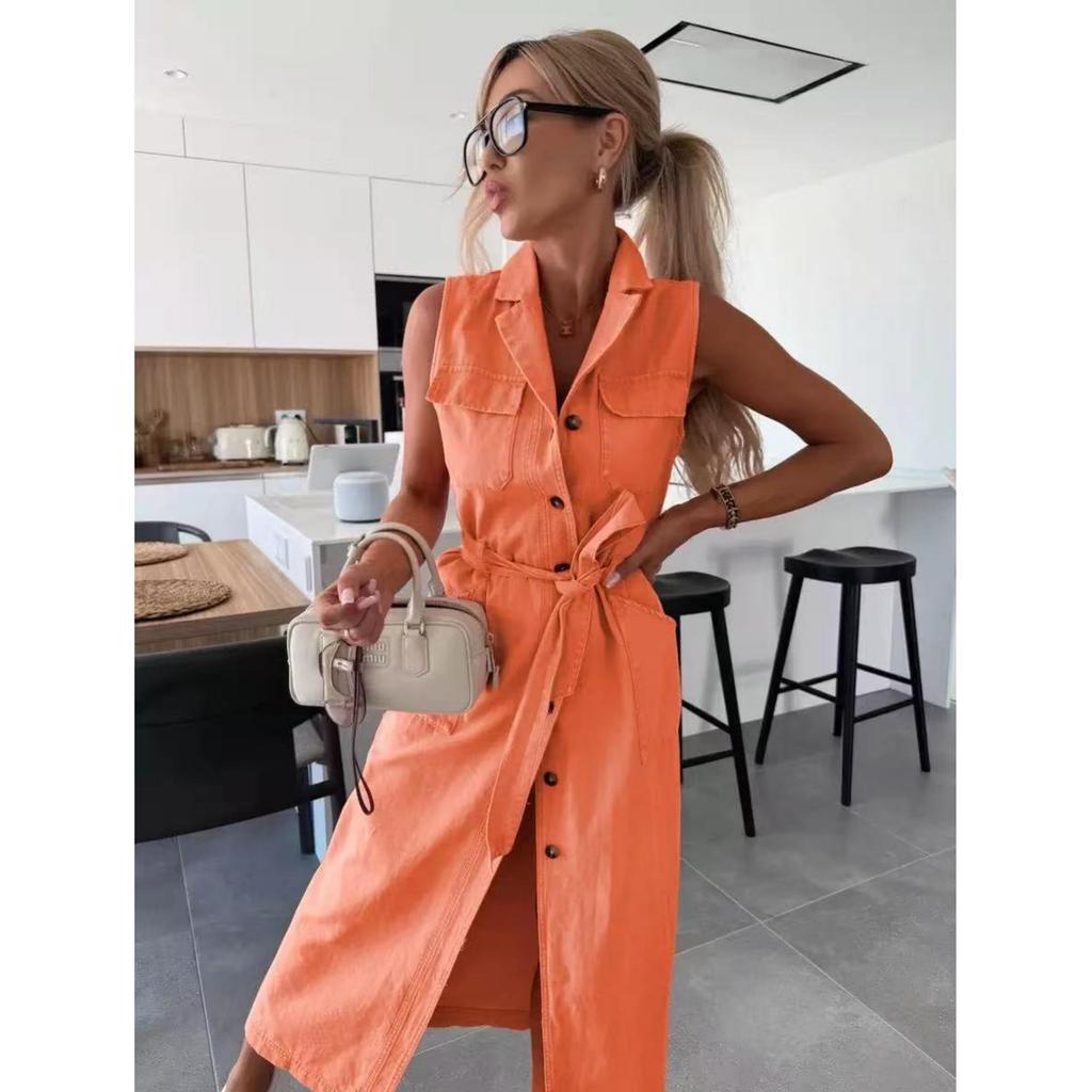 IHUASU Dlouhé džínové šaty bez rukávů s výstřihem do V, šněrováním v pase a jednořadým výstřihem