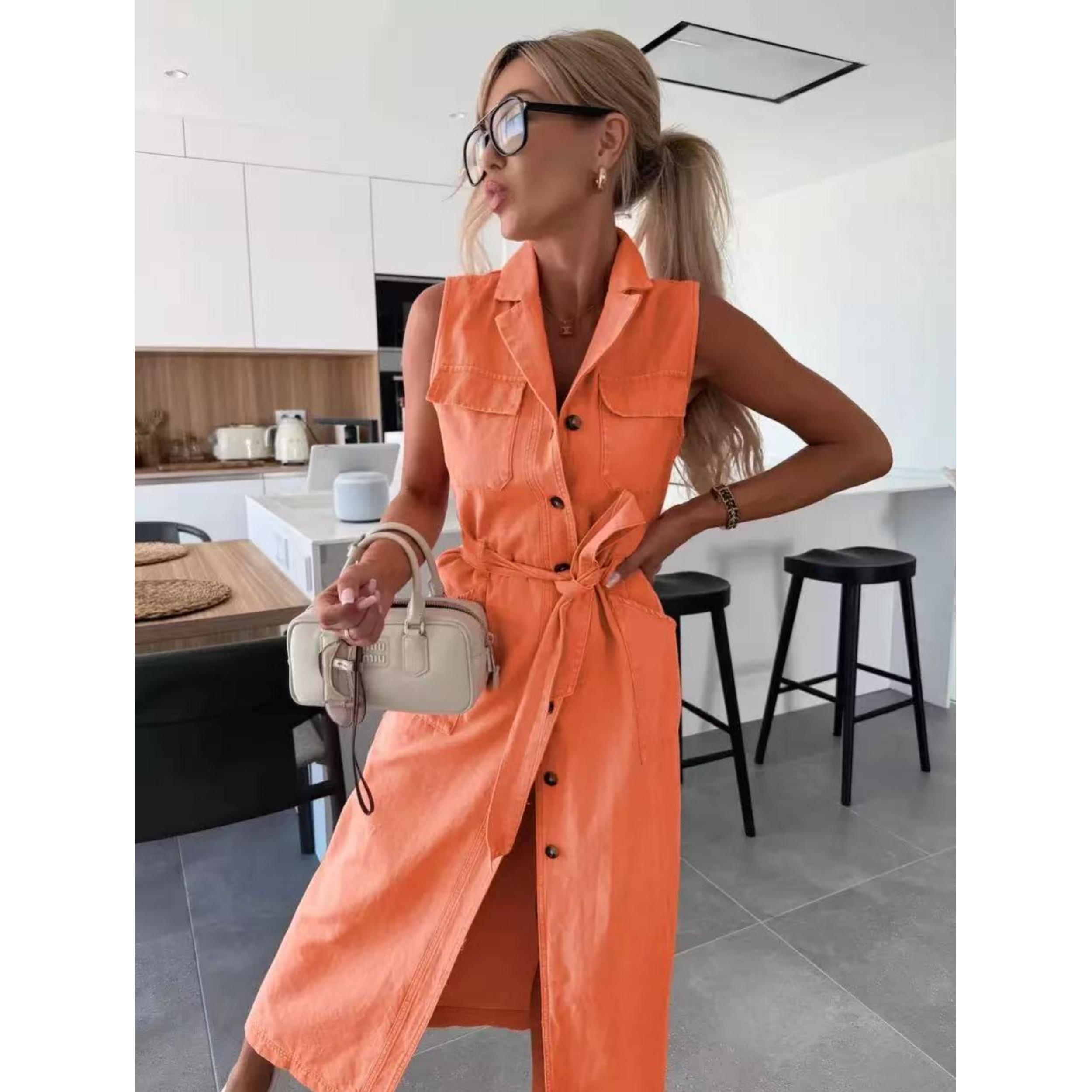 

IHUASU Безрукавна ПОЛО-горловина Довга сукня з деніму на шнурівці на талії, однобортна M помаранчевий