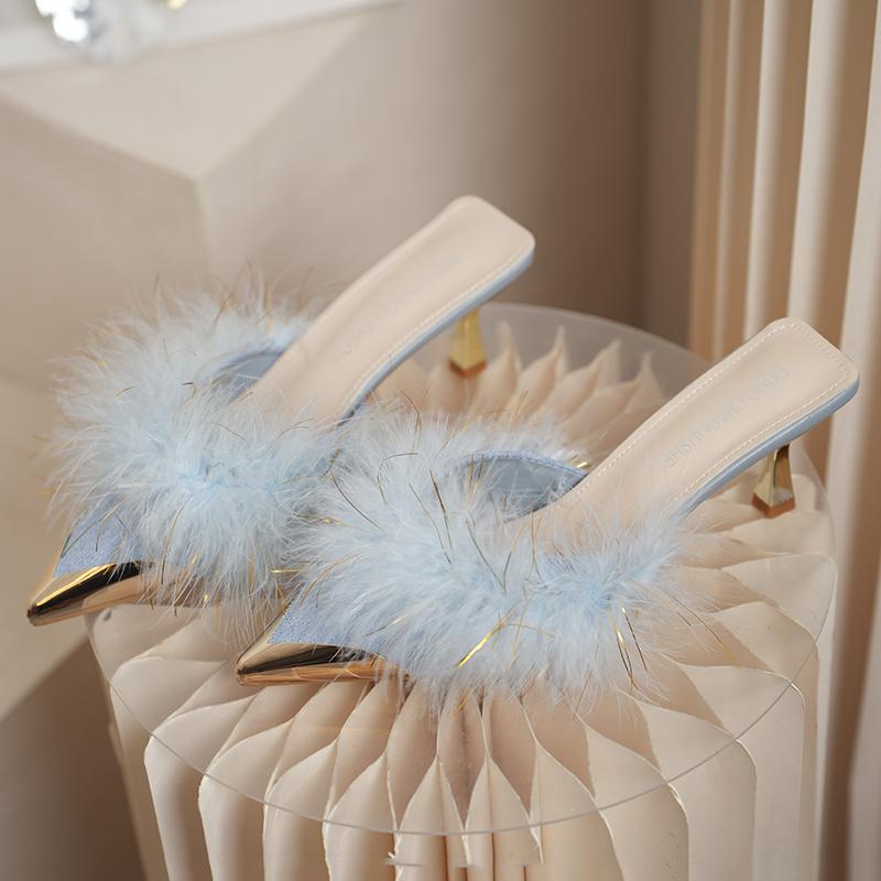 Fashion Women Warm Plush Pointed Toe High Heels Winter Mules Slipper Korean Fashion Design Thin Heels New Flip Flops Pumps Zapatos Mujer