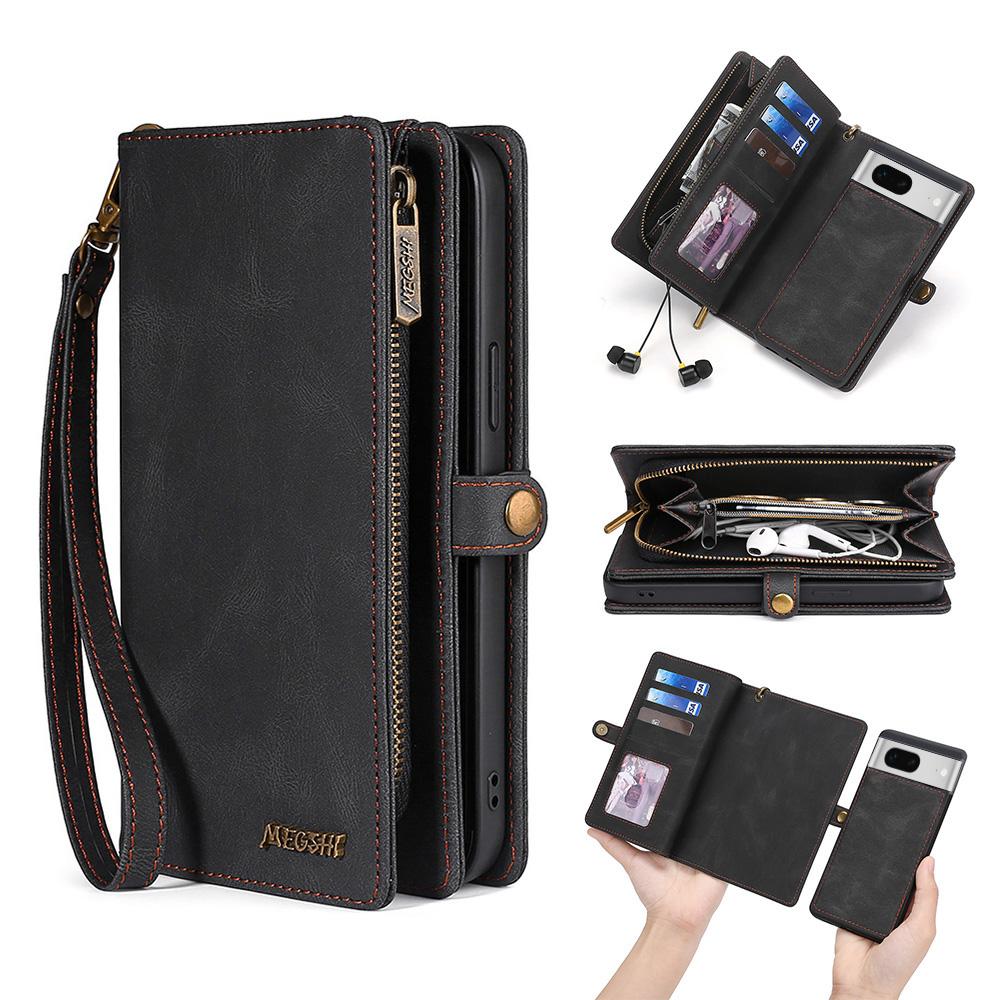 

Серия MEGSHI 017 Для Google Pixel 7 5G Кожаный чехол-кошелек на молнии Съемная крышка с магнитной фиксацией Black