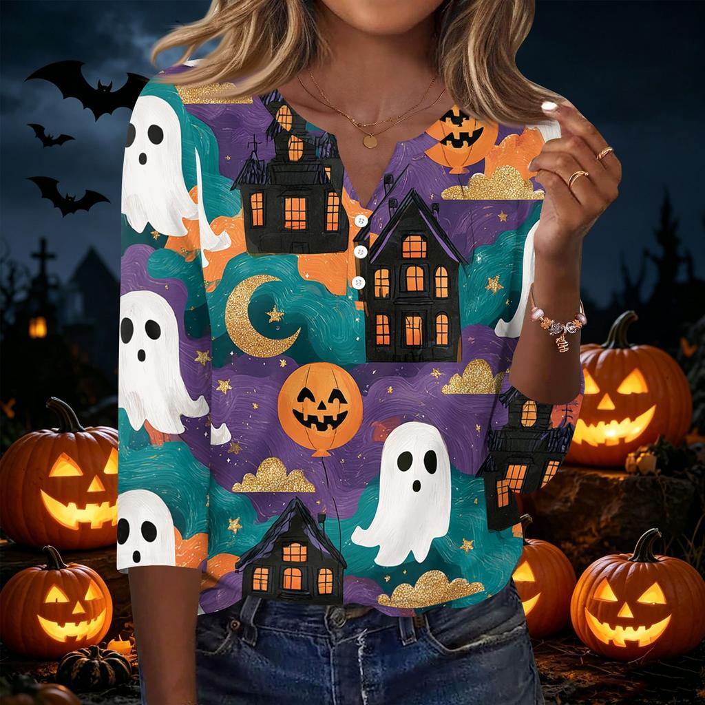 Women's Casual V Neck Button Front Halloween Print T Shirt Three Quarter Sleeve Top Lightweight Soft Fabric Comfortable Fit