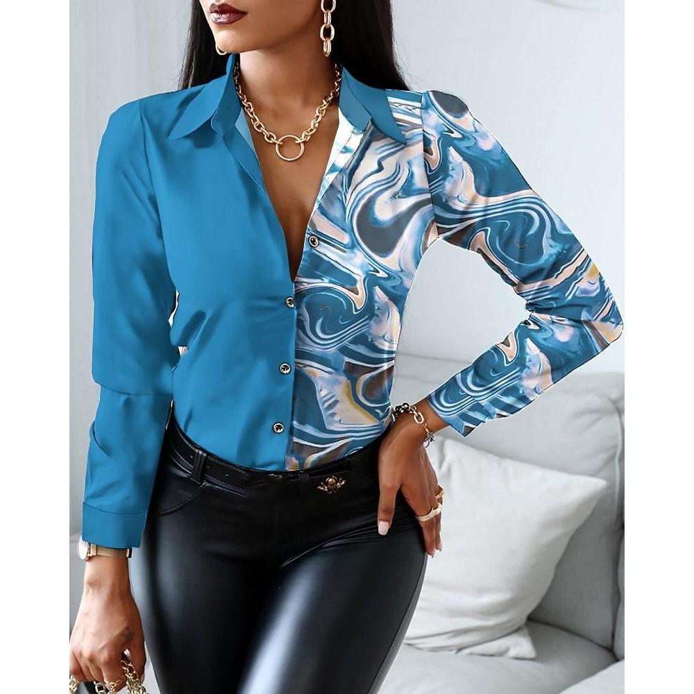 Women Fashion Shirt Vintage Autumn Shirt Print Blouse Casual V-neck Long Sleeve Shirt  Blouse