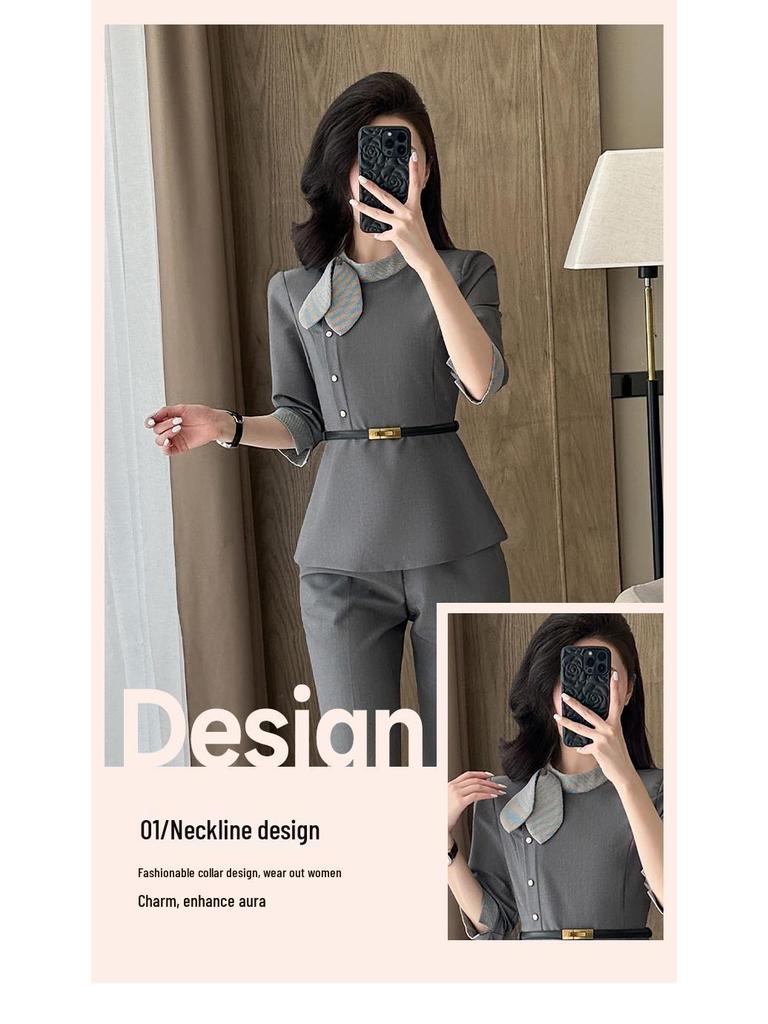 Women's Summer Seven-Sleeve Waist-Cinching Professional Suit for Jewelry Stores, Salons, and Hotel Receptionists