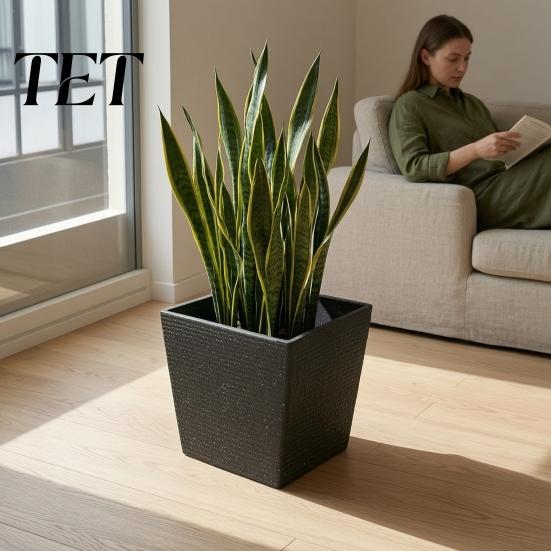 Heavy Duty Garden Pot Square Plastic Flower Pot, Stone-Look Planter with Drainage Hole, Modern Plant Minimalist Style Container for Indoor Outdoor
