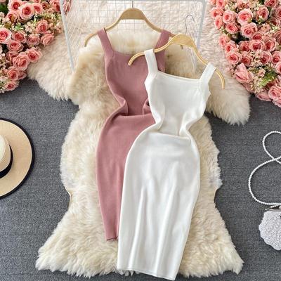 Knitted Vest Dress Female Summer Elastic Slim Waist Short Skirt  New Sexy Bag Hip A-line Dresses