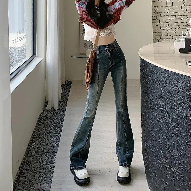 Hotsweet Vintage Slim Bootcut Jeans Spring Autumn High Waist Button Women's Clothing Washed Denim Pants Streetwear Chic Trousers
