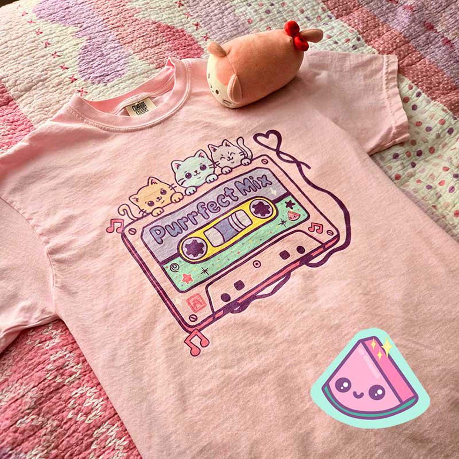 Kawaii Cat T-Shirt, Fairy Kei Cassette Graphic Tee, Pastel Retro 80s Shirt S