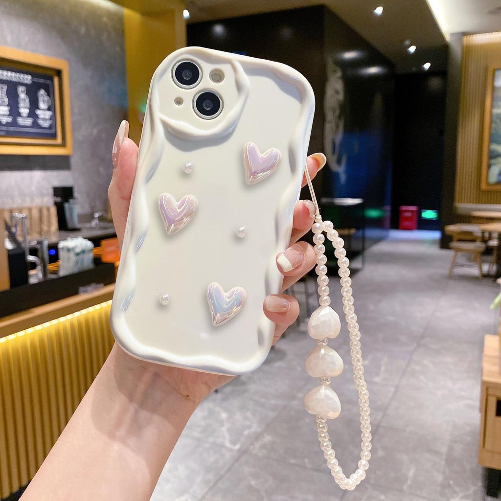 Three Dimensional Waves Suitable for IPhone14pro White Love Pearl Mobile Phone Chain Apple 15 16pro Mobile Phone Case