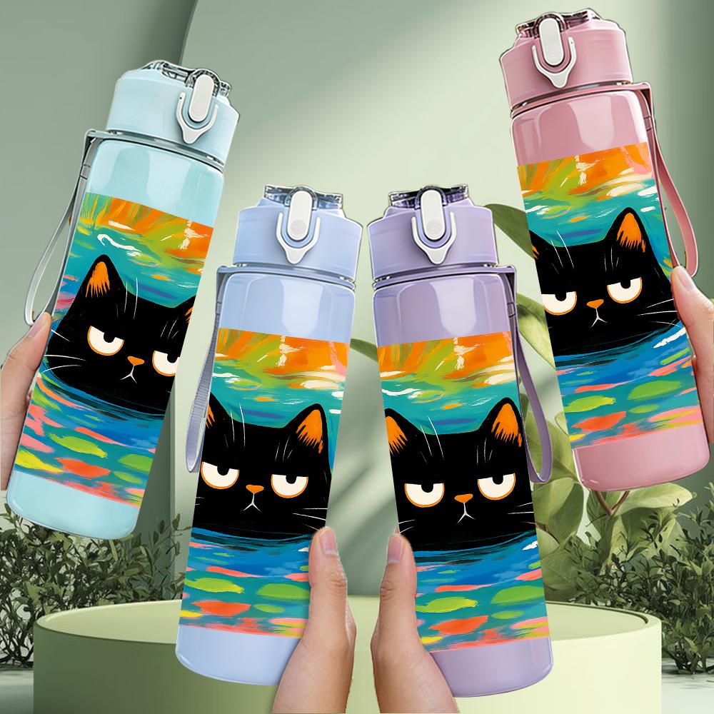 1PC Color Block Black Cat Canvas 750ml Color Plastic Sports Water Bottle Leakproof Flip Straw Lid Suitable for Sports Office Home Use