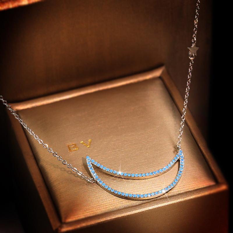 Xingyue Blue Turquoise Inlaid Necklace Aaa Zircon Inlaid Simple Moon Women'S Necklace Jewelry
