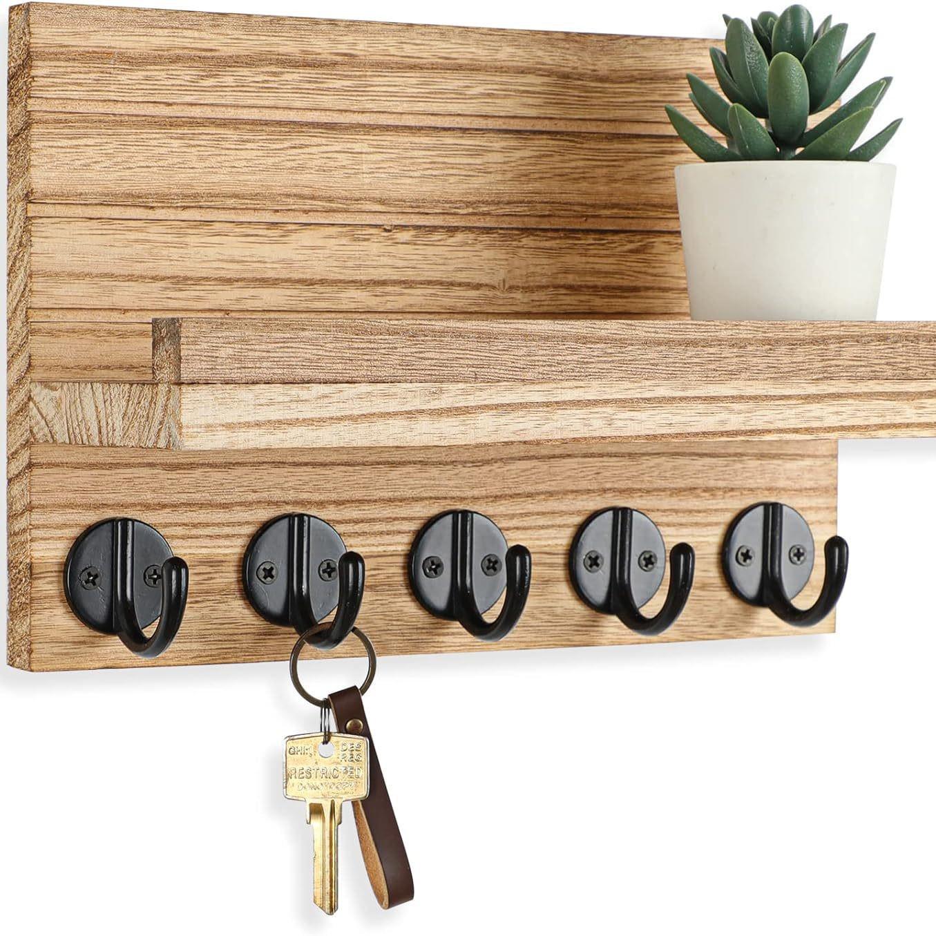 Solid Wood Wall-Mounted Key Holder & Storage Shelf with Hooks and Letter Holder
