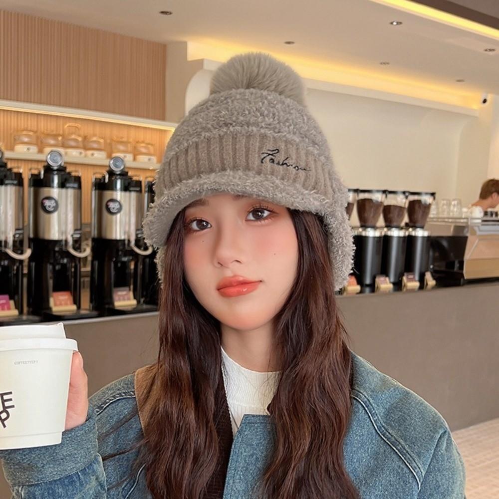 Windproof Knitted Baseball Cap Thermal Ear Flap Protection Hat Fashion Pompom Plush Beanie  Women