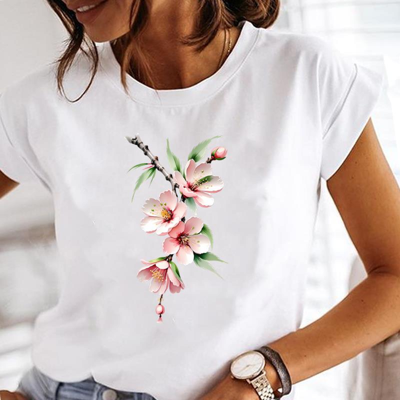 (Asian Size) flower letter Printed Tee Women Lady Female Top summer Clothing Casual T Shirt Fashion Graphic Short Sleeve T-shirts