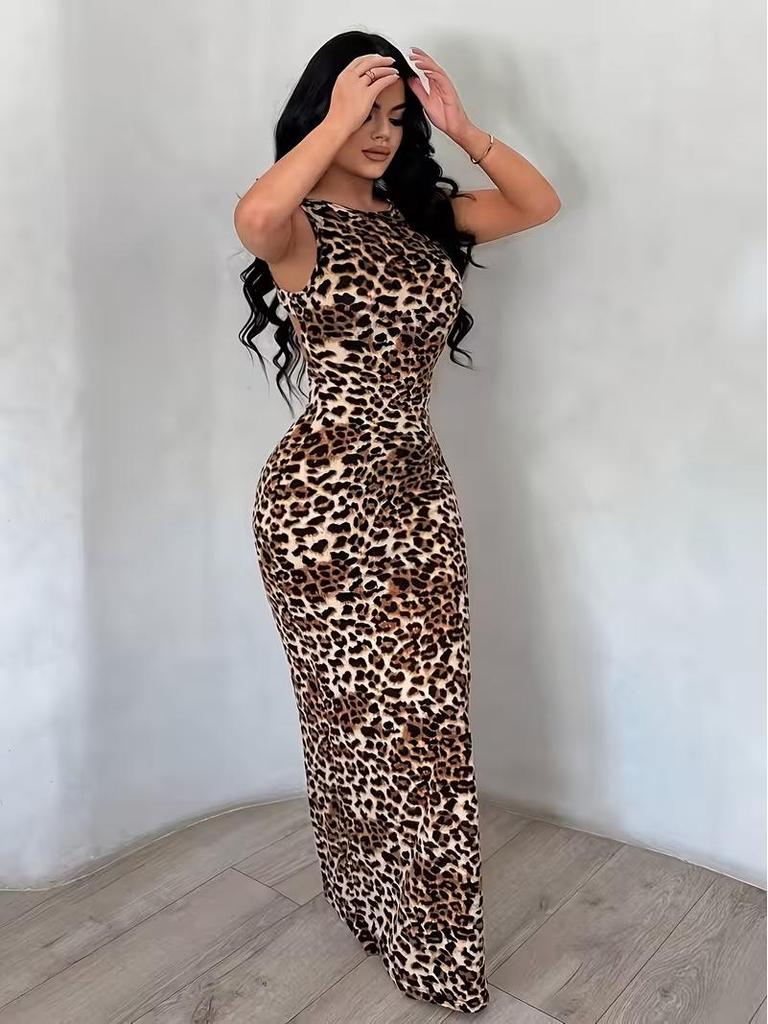 Temu 2026 Summer Women's Sleeveless Leopard Print Open-Back Dress