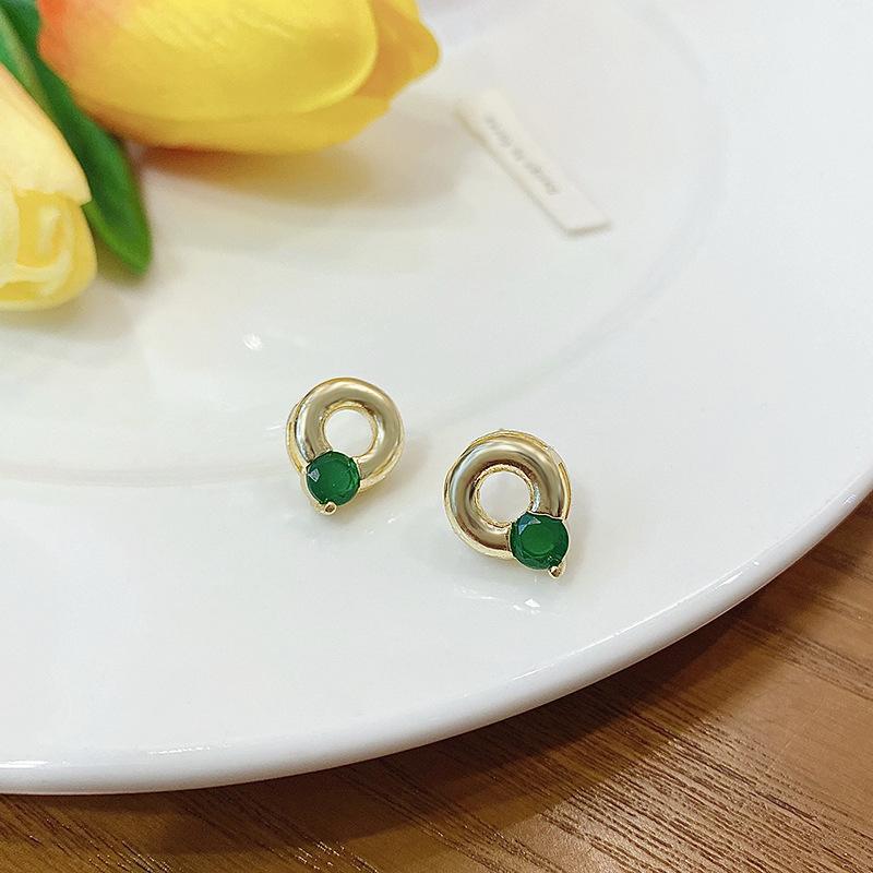 Korea Dongdaemun Emerald Zircon Stud Earrings Women's Simple Niche Temperament Circle Earrings Retro Fashion Ear Jewelry