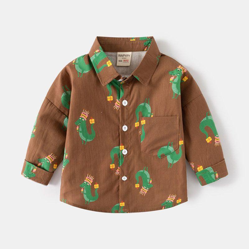 Children's Long-Sleeved Dinosaur Shirt, Spring and Autumn Boys' Cartoon Car Shirt, Baby Boy's Lapel Sun Rainbow Top