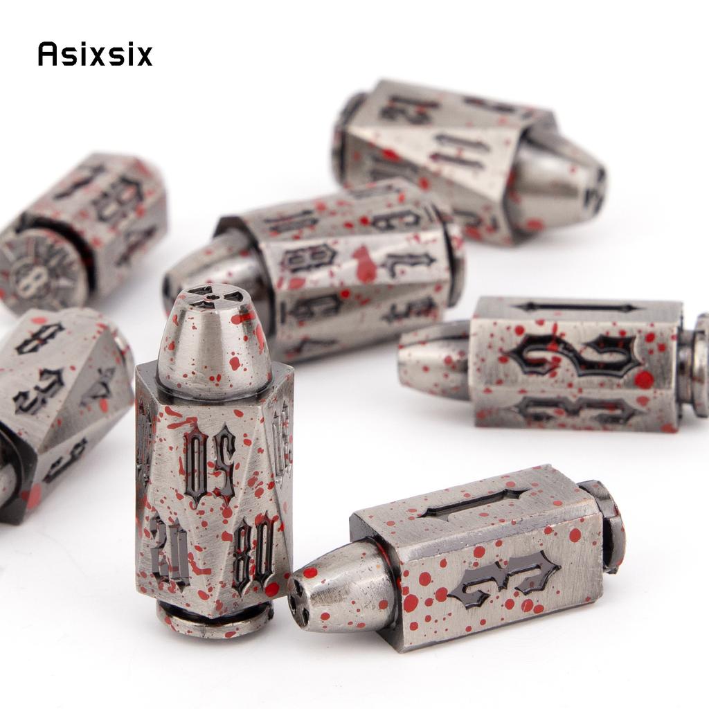 7 Pcs Silver Red Metal Bullet Black Number Sharp Edge Dice Polyhedral Dice Suitable for Role-Playing RPG Card Game