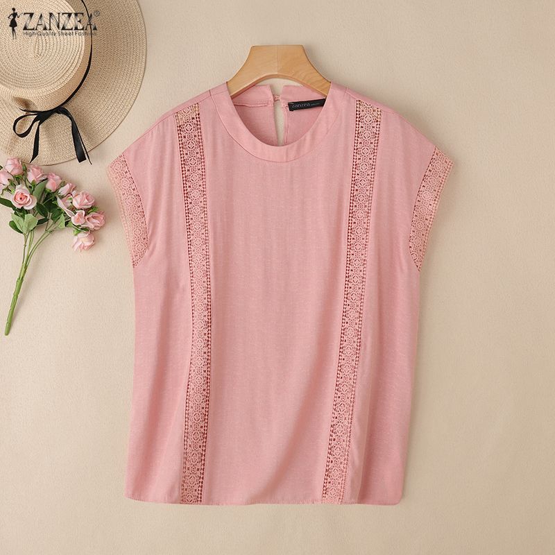 ZANZEA Women Summer Casual Round Neck Sleeveless Lace Crochet Patchwork Tank Tops