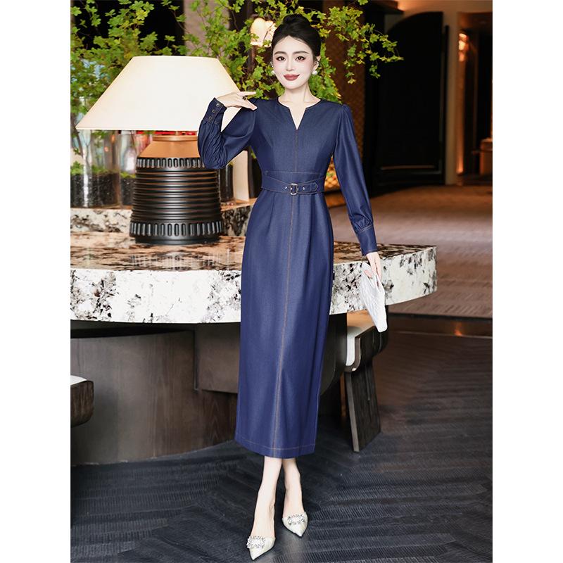 2026 Spring Women s Long Sleeve Elegant Denim Slit Dress 3XL