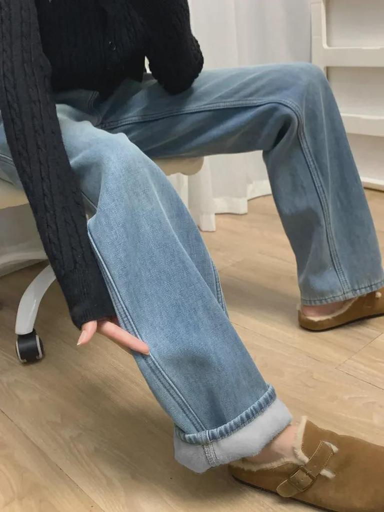 Damskie pluszowe ciepłe dżinsy z wysokim stanem i szerokimi nogawkami - styl amerykański, edycja jesienno-zimowa