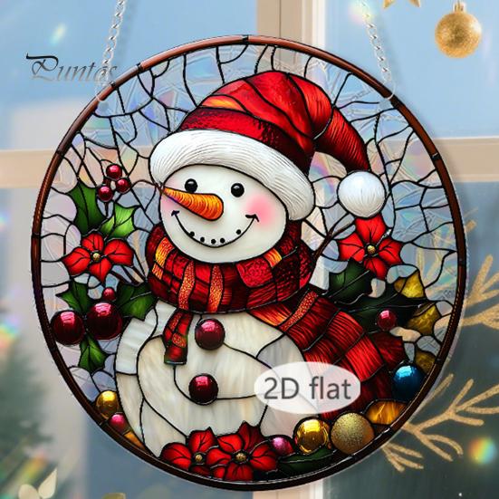 Holiday Hanging Art for Windows Christmas Acrylic Window Decor, 2D Holographic Stained Glass Double Sided Festive Ornament with Metal Chain,