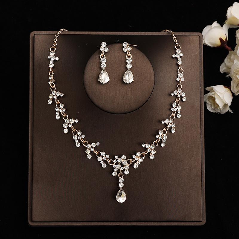 Korean Bridal Necklace & Earrings Set - Rhinestone & Pearl Wedding Accessories
