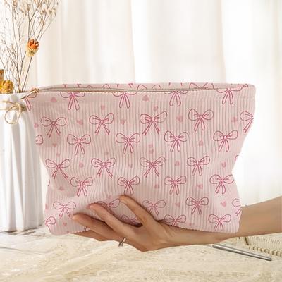Pink Bowknot Cosmetic Bag Corduroy Zipper Makeup Organizer Lightweight Portable Cosmetic Storage Bag for Women Travel Handbag