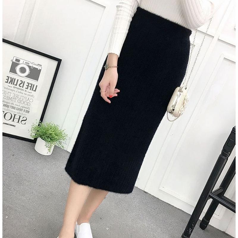 

Юбка на бедрах из норкового флиса, женская осенне-зимняя утолщенная трикотажная полуюбка, шерстяная юбка средней длины, длинная юбка XXXL чёрный