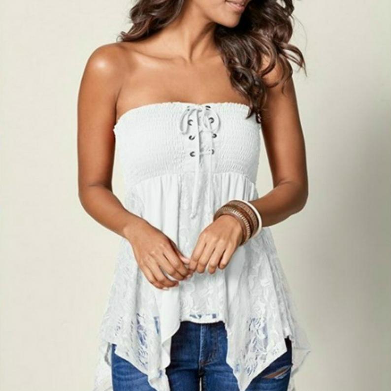 

Сексуальная блузка-рубашка со шнуровкой, женская модная футболка-топ, кружевной пэчворк, женские топы и блузки, летняя повседневная одежда без рукавов S белый