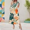 Women Plus Size V Neck Long Sleeve Red Floral Printed A Line Midi Dress With Pockets