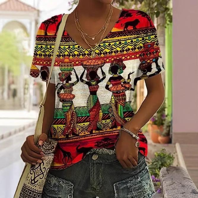 New Casual High-quality Retro Style 3D Women's Short Sleeved V-neck T-shirt