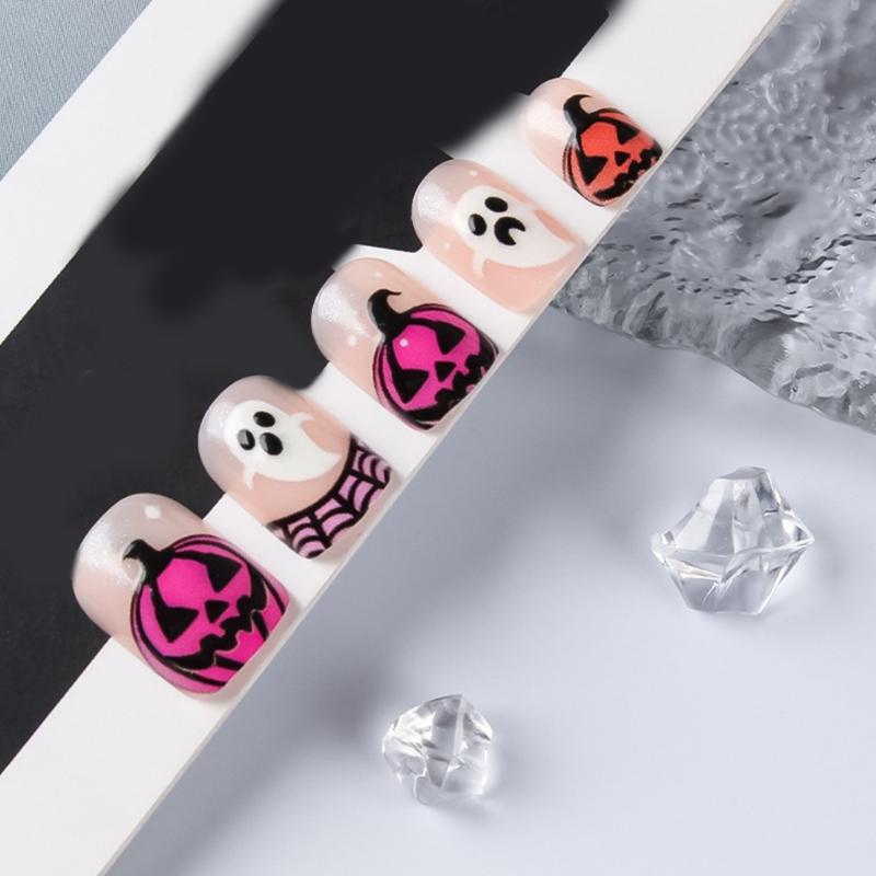 Halloween Fake Nail Short Square Spiders Web Pumpkin Art Durability NonToxic Artificial Nail for Costume Parties