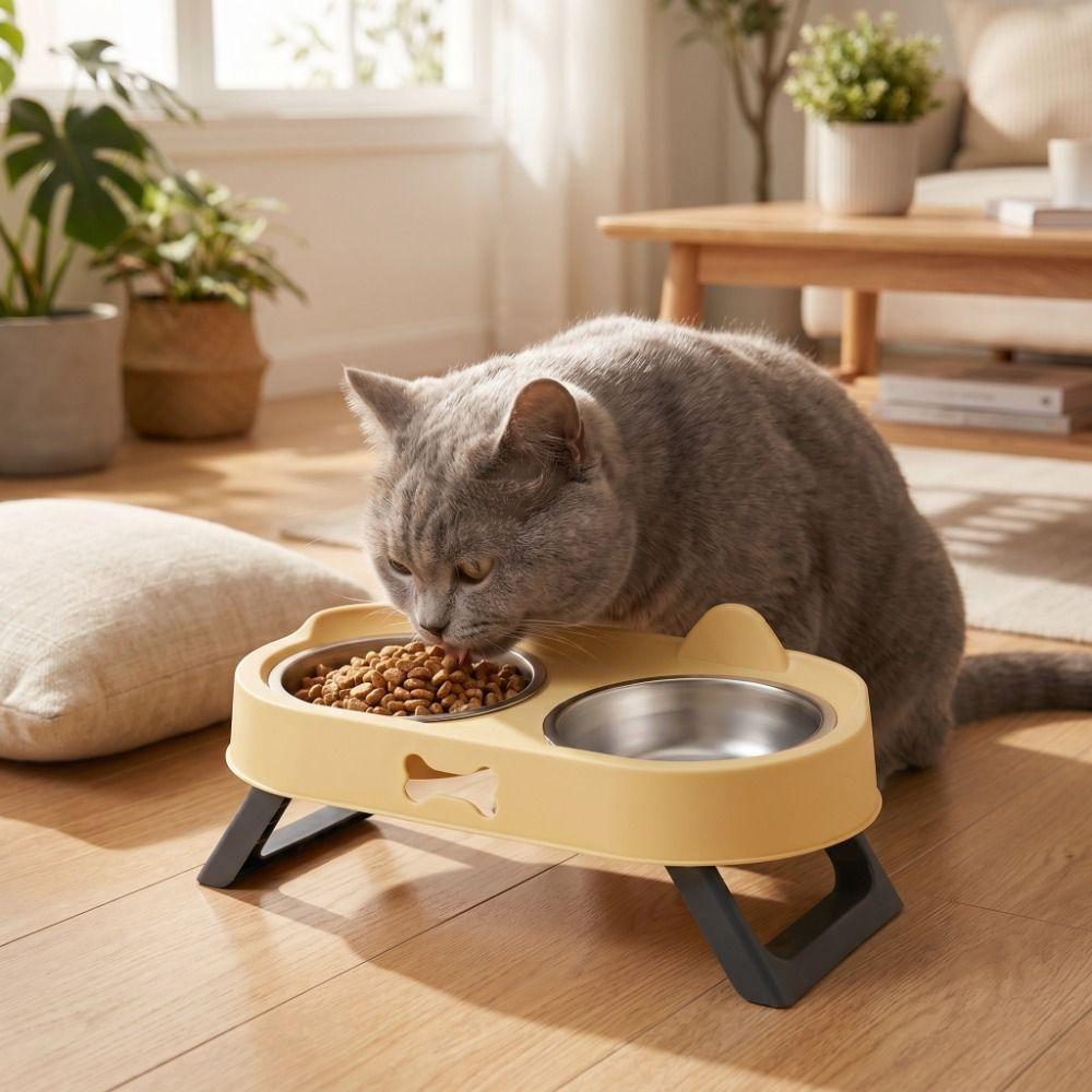 Cat Shaped Elevated Cat Bowl Stainless Steel Cat Feeding Dish Dog Food Container  For Cats
