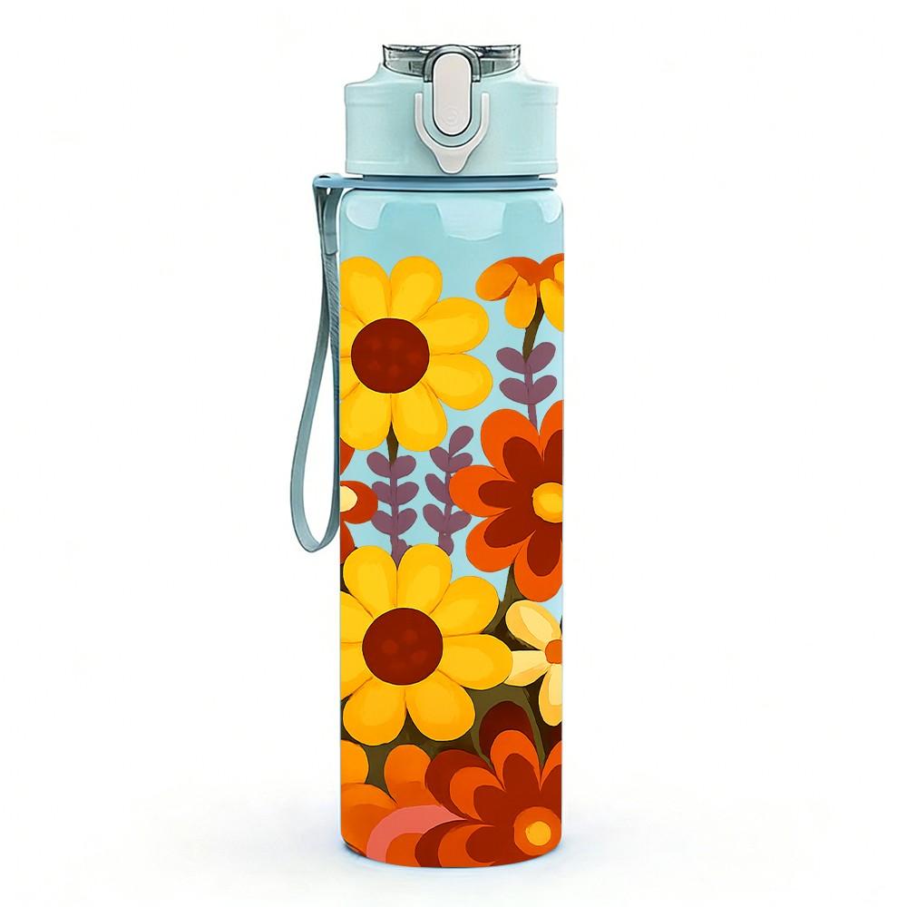 1PC Vibrant Mixed Sunflower Daisy Print 750ml Color Plastic Sports Water Bottle Leakproof Flip Straw Lid Suitable for Sports Office Home Use