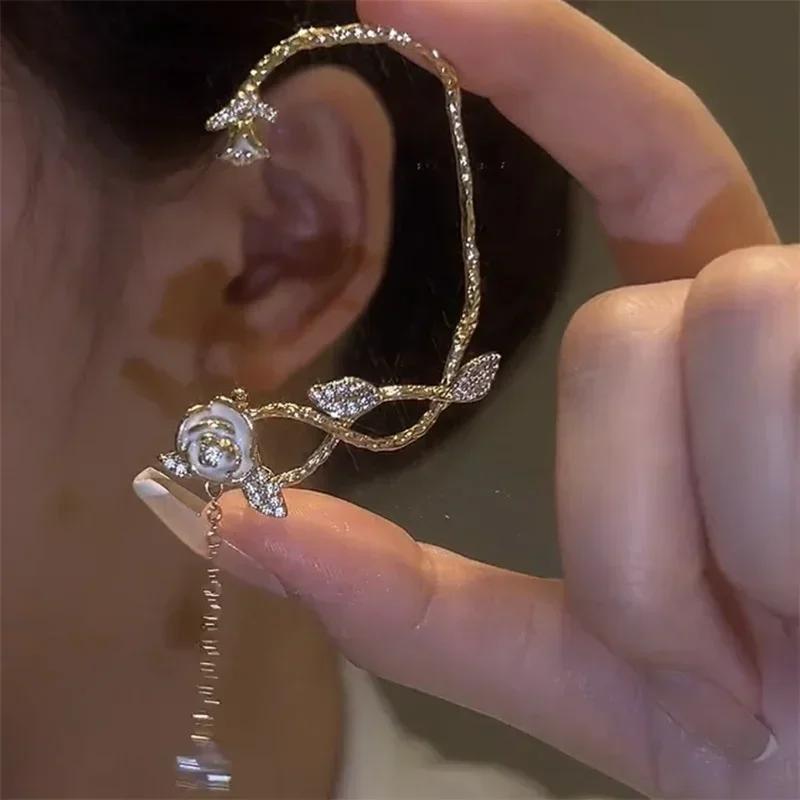Sparkling Rose Shape Long Tassel Crystal Stars Ear Clip Earrings Without Piercing Exquisite Light Luxury Wedding Jewelry Gifts