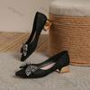 Fashion Women's Summer Pointed Toe Thick Heel 2025 New Bowknot Rhinestone Shallow Mouth Large Size Slip On Low Heels Women's Shoes