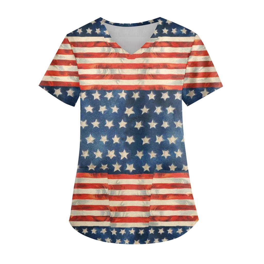 Ladies' Independence Day printed fashionable V-neck pocket short sleeved uniform and caregiver top