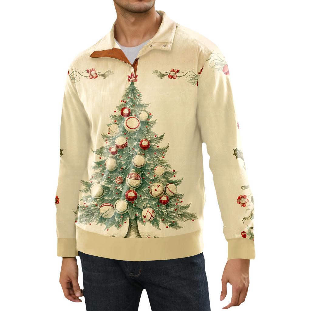 Weihnachtsdruck 3-Knopf - Herren-Sweatshirt mit Stehkragen, lässiger Outdoor-Kapuzenpullover mit Schnalle