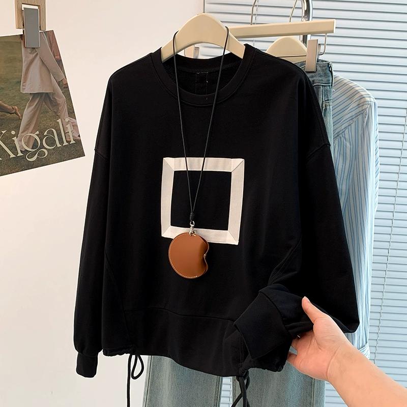 DIMANAF 2025 New T-Shirt Women printing Hoodies & Sweatshirts Loose Casual Basic O-Neck Autumn Tops Black Pullover