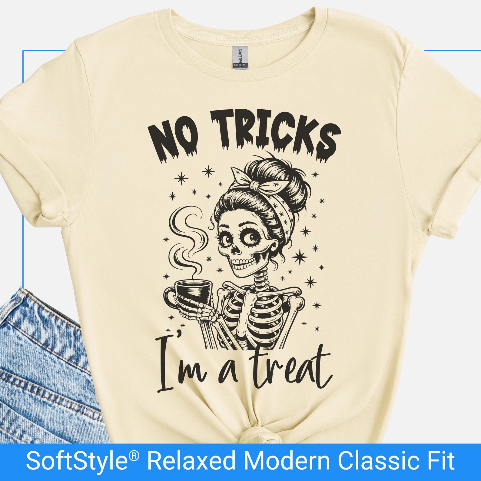 Funny Halloween Skeleton Tshirt for Women, No Tricks Im a Treat Coffee Lover Shirt, Cute Spooky Season Graphic Tee, Messy Bun Skeleton Shirt S