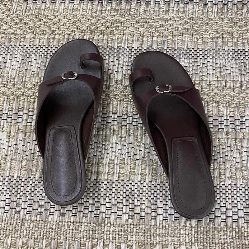 Cowhide Version~ Retro Niche Set Toe Cool Slippers Women's Outer Wear 2025 Summer Belt Buckle Low-heeled Sandals