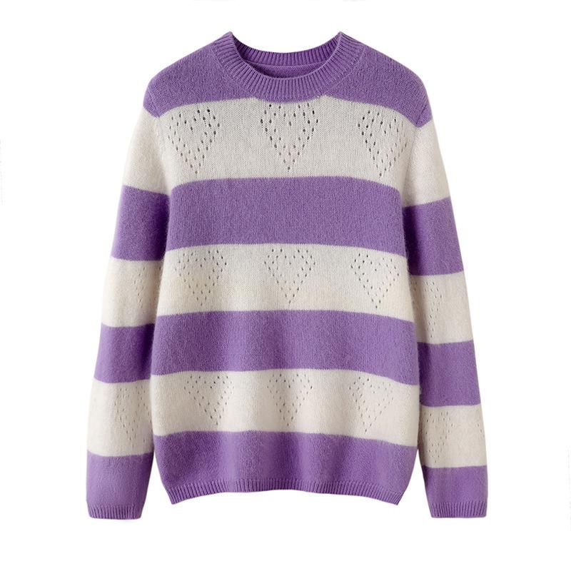 Women's Thickened Mink Velvet Striped Sweater for Autumn/Winter - Round Neck, Long Sleeve Knit Base Layer