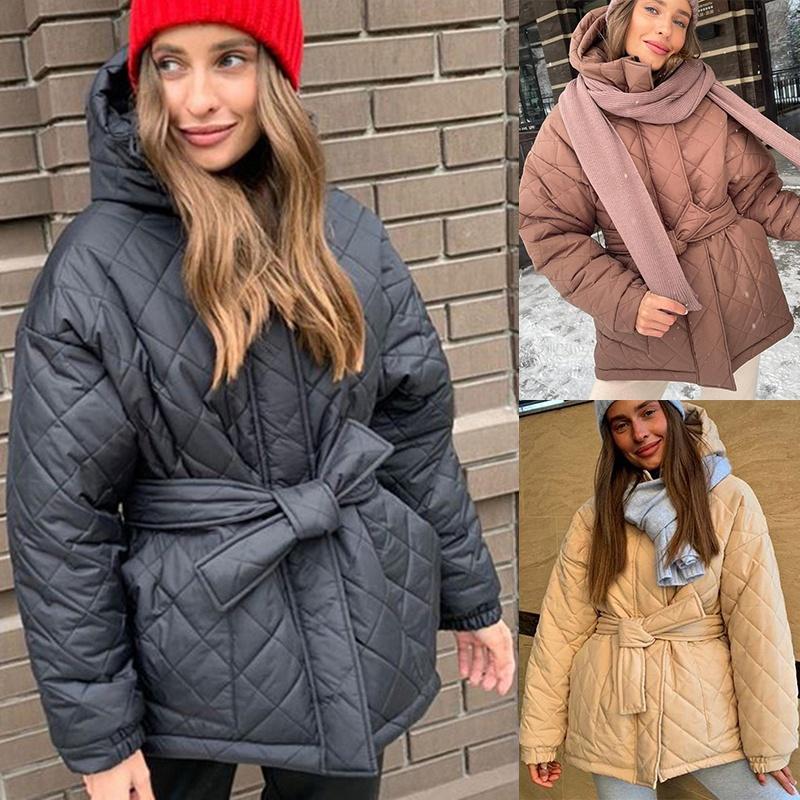 Bavlněná bunda s kapucí Středně dlouhá bavlněná vycpaná bunda Diamantový pásek s mřížkou Teplá bavlněná bunda velká velikost