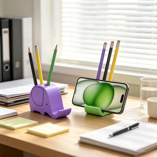 jijijing 3D Printed Elephant Phone Holder with Pen Holder, Multifunctional Stand, Hands-Free Desktop Organizer, Creative Cute Shape for Home Office