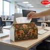 2D Flat, 1pc Tissue Box, Printed On Both Sides, Tissue Box with Checkered Lid Vintage Style Design with Elephants and Floral Patterns Design, Durable