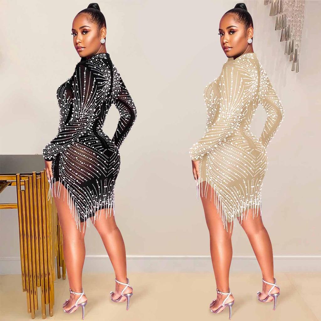 European & American Sexy Mesh See-Through Nightclub Dress with Bead Tassels and Long Sleeves