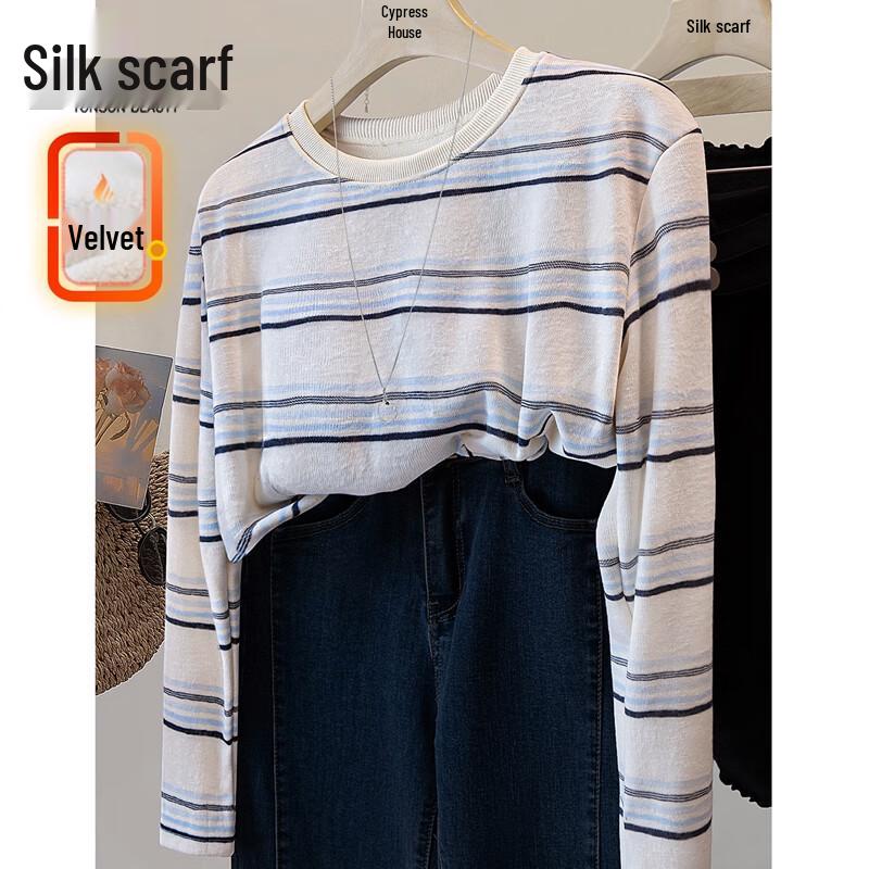 

Women s Striped Fleece Lined Round Neck Sweatshirt One Size